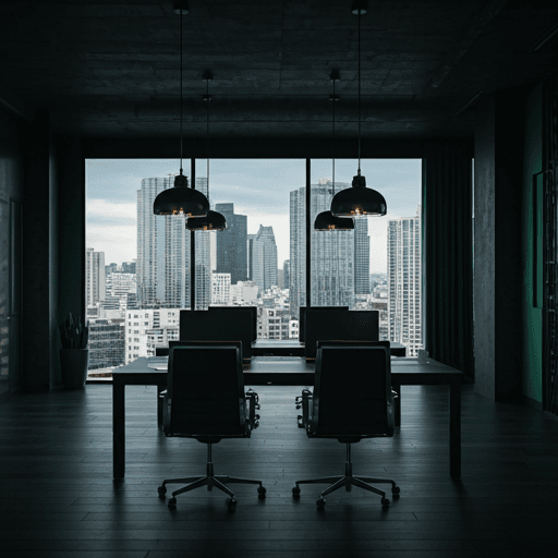 An office looking out toward a city skyline